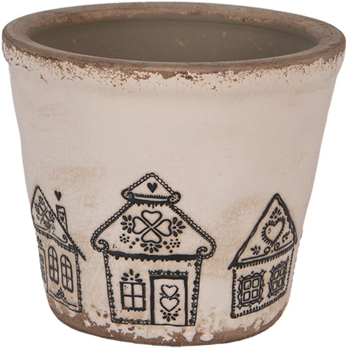 Clayre & Eef 6CE2123S Keramický kvetináč vo vidieckom štýle béžovo-čierny Ø 12x11 cm