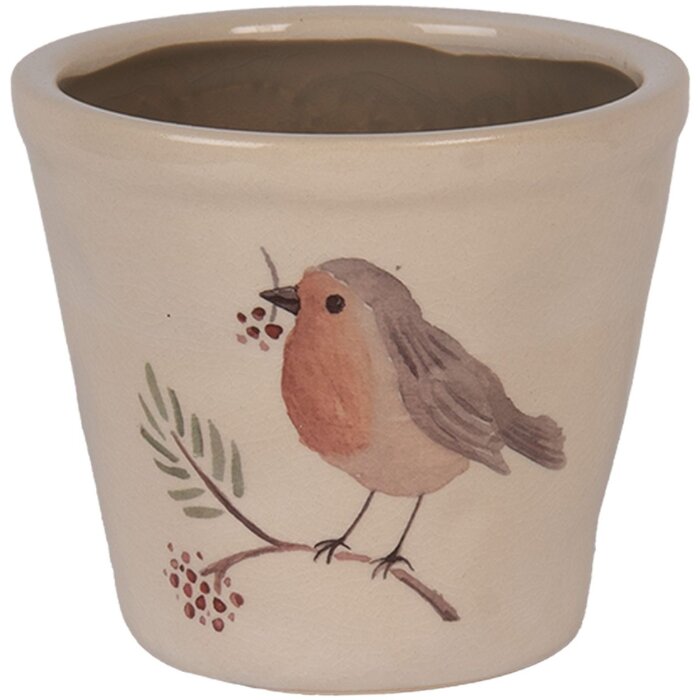 Clayre & Eef 6CEVGP0001S Kvetináč s motívom vtáka vo vidieckom štýle béžový Ø12x11 cm