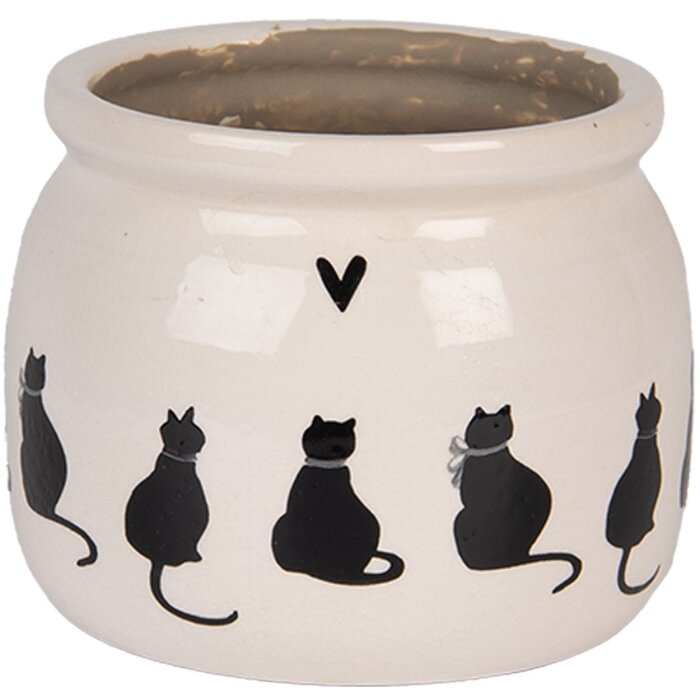 Clayre & Eef Kvetináč Mačka Béžová Čierna Ø12x10 cm Keramika Vidiecky štýl