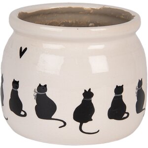 Clayre & Eef Kvetináč Mačka Béžová Čierna Ø12x10 cm Keramika Vidiecky štýl
