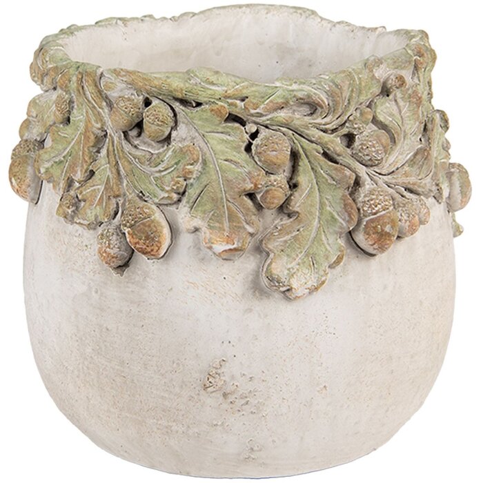 Clayre & Eef kvetináč s reliéfom dubového lístia 15x13 cm béžovo-zelený