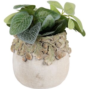 Clayre & Eef kvetináč s reliéfom dubového lístia 15x13 cm béžovo-zelený