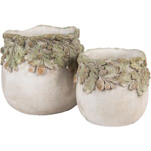 Clayre & Eef kvetináč s reliéfom dubového lístia 15x13 cm béžovo-zelený
