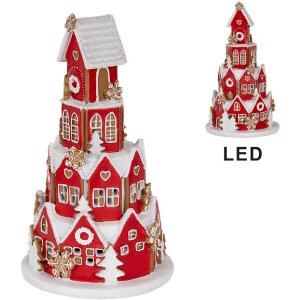 Clayre & Eef Dekoračný domček s LED Ø 13x22 cm Červeno-biely