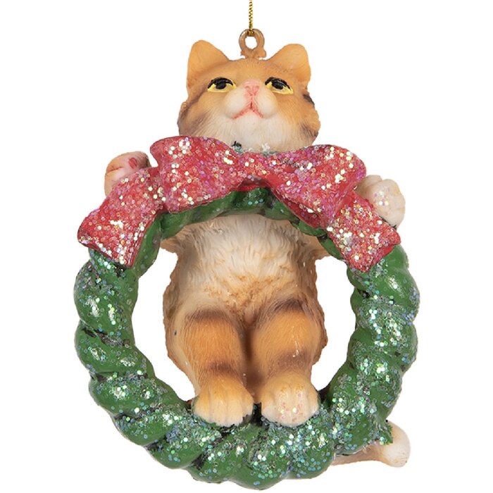 Clayre & Eef Dekoračný záves Mačka 6x5x9 cm hnedá/zelená