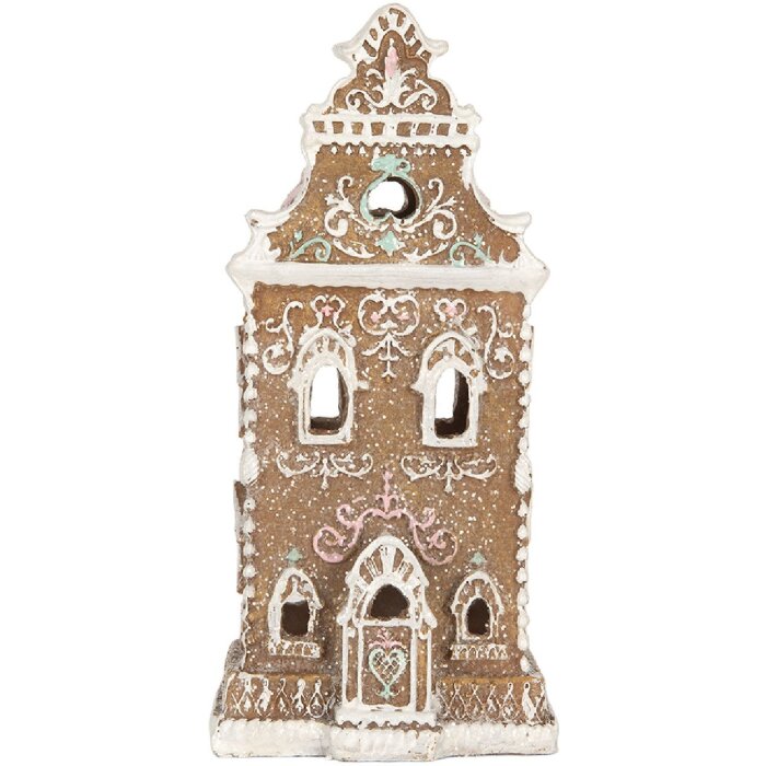 Clayre & Eef Dekoračný domček s LED 9x7x18 cm Braun-Ružový