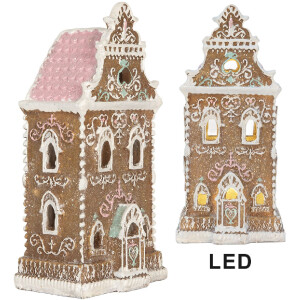 Clayre & Eef Dekoračný domček s LED 9x7x18 cm Braun-Ružový