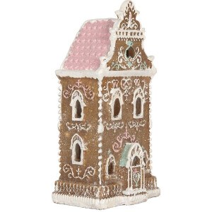 Clayre & Eef Dekoračný domček s LED 9x7x18 cm Braun-Ružový