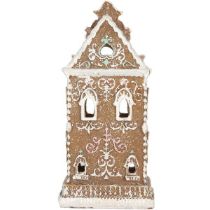 Clayre & Eef Dekoračný domček s LED 9x7x18 cm Braun-Ružový
