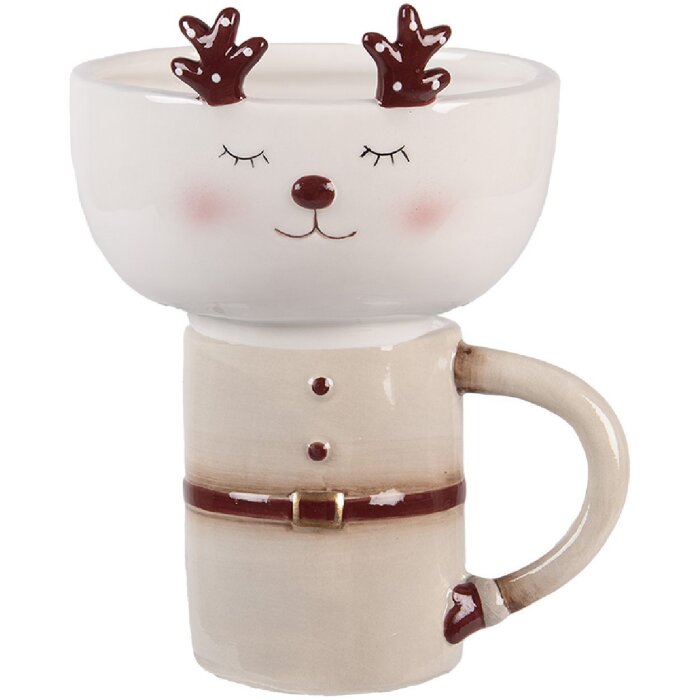 Clayre & Eef Hrček s miskou Béžovo-biely 250ml 12x12x18cm