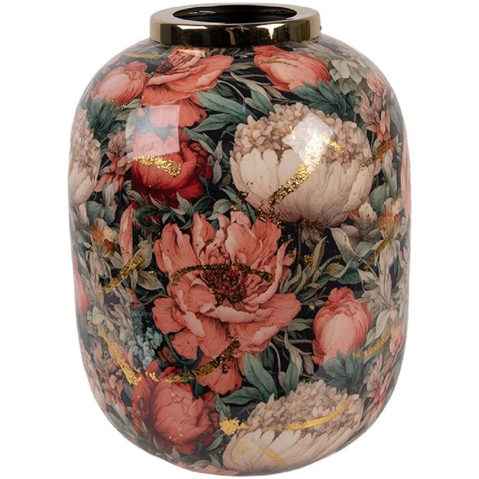 Clayre & Eef 66389 Dekoratívna váza zelená s ružovými akcentmi Ø 17x22 cm