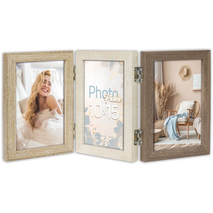 ZEP Trani – Drevený sklopný fotorámik pre 3 fotky 10x15 cm, hnedo-bežová