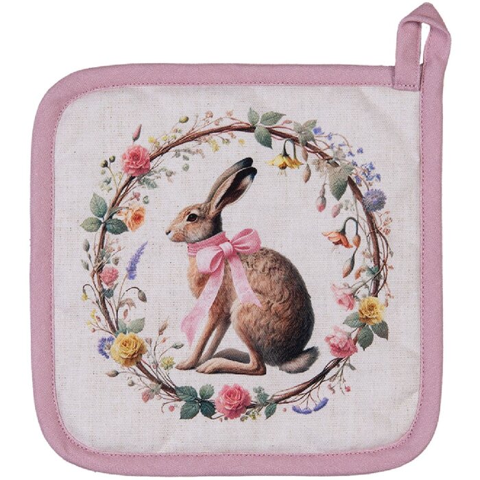Clayre & Eef Topflappen 20x20 cm Baumwolle Hase Blumenkranz Frühling Ostern