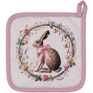 Clayre & Eef Topflappen 20x20 cm Baumwolle Hase Blumenkranz Frühling Ostern
