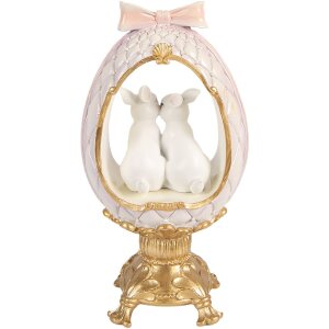 Clayre & Eef Vianočná dekorácia v tvare vajíčka s králikom bielo-zlatá 17x12x31 cm