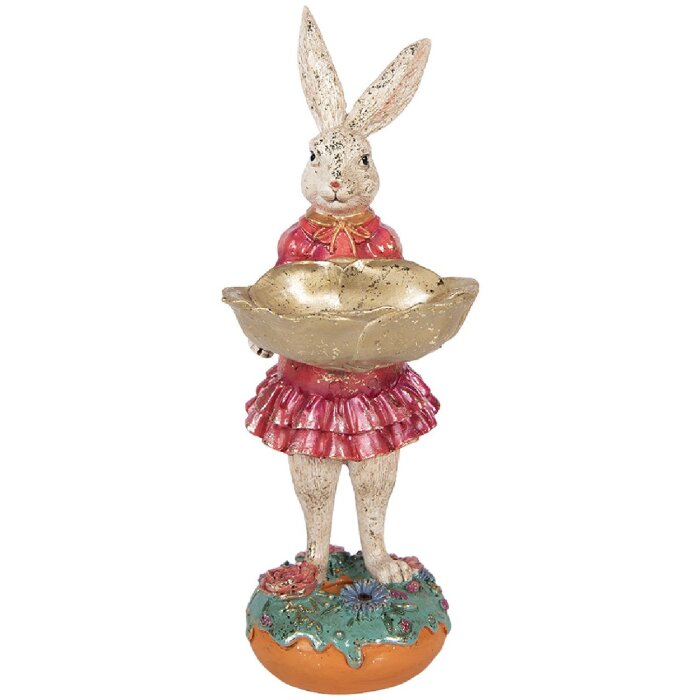 Clayre & Eef Dekoratívna figúrka králiček s kôšom béžová ružová 11x14x30 cm