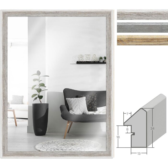 MendeFrames zrkadlo na stenu H790 Strandový dům – biela, sivá, prírodná, 10x10–70x100