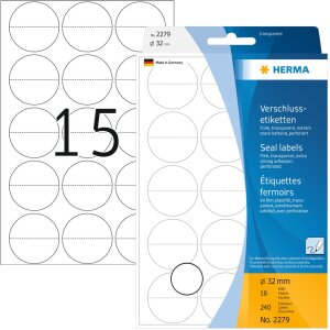 HERMA uzatváracie etikety perforované Ø 32 mm okrúhle priehľadné extrémne silné lepiace fólie matné 240 ks.