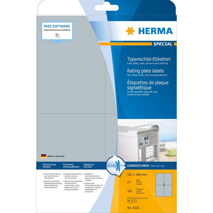 Štítky HERMA A4 105x148 mm strieborné extrémne silná lepiaca fólia matná 100 ks.