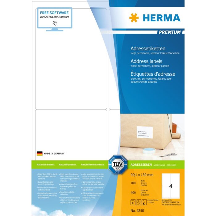 Adresné štítky HERMA Premium A4, biele 99,1x139 mm, matný papier 400 ks.