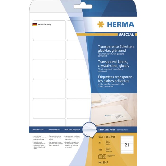 Štítky HERMA transparentné krištáľovo čisté A4 63,5x38,1 mm transparentná číra fólia lesklá 525 ks.