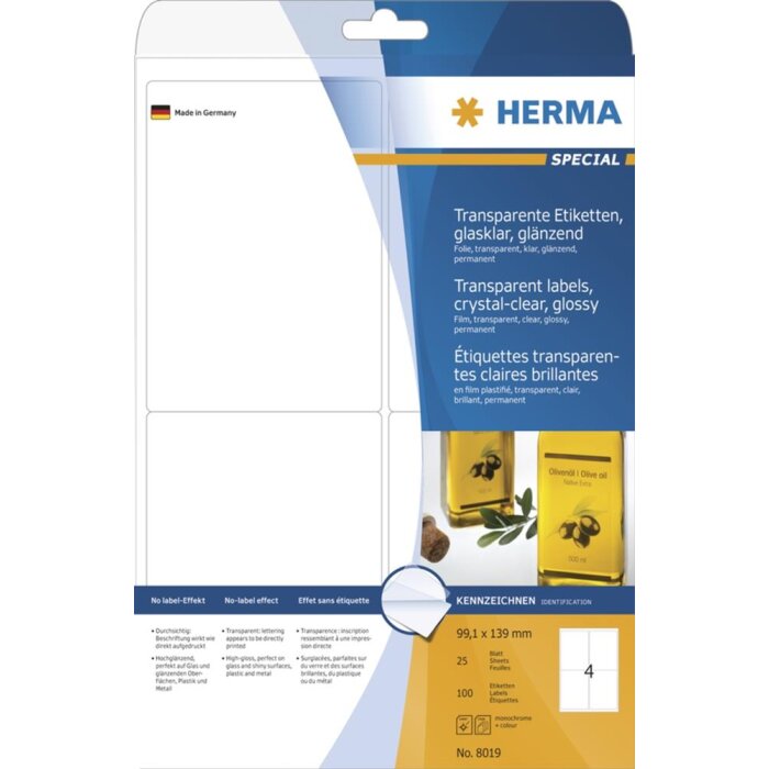 HERMA etikety transparentné krištáľovo čisté A4 99,1x139 mm transparentná číra lesklá fólia 100 ks.