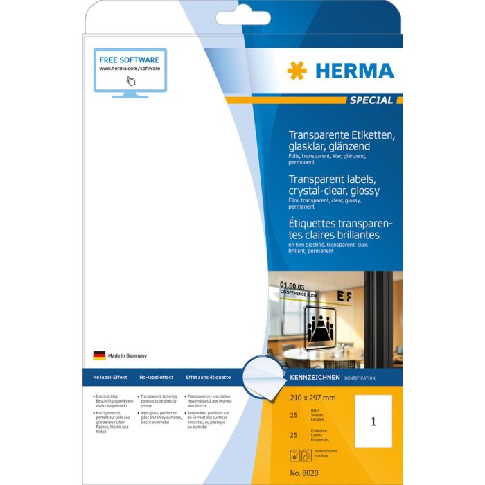 HERMA etikety transparentné krištáľovo čisté A4 210x297 mm transparentná číra lesklá fólia 25 ks.