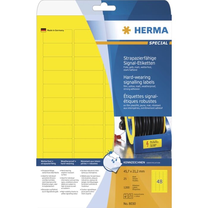 HERMA signálne etikety odolné voči poveternostným vplyvom A4 45,7x21,2 mm žltá silná lepiaca fólia matná 1200 ks.