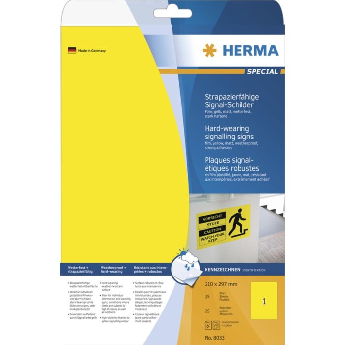 HERMA signalizačné značky odolné voči poveternostným vplyvom A4 210x297 mm žltá silná lepiaca fólia matná 25 ks.