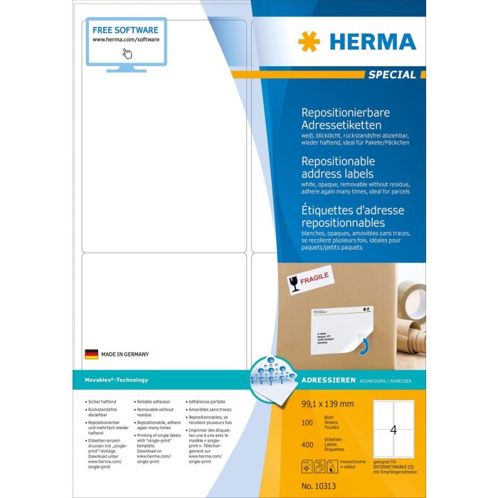 Adresné štítky HERMA A4 biele 99,1x139 mm matný neprehľadný papier 400 ks.