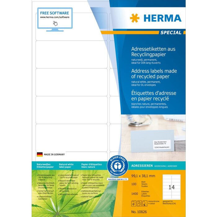 Adresné štítky HERMA A4 prírodná biela 99,1x38,1 mm recyklovaný papier matný s certifikátom Modrý anjel 1400 ks.