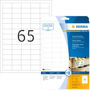 Štítky HERMA A4 biele 38,1x21,2 mm extrémne silný lepiaci papier matný 1625 ks.