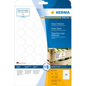 Štítky HERMA A4 biele Ø 30 mm okrúhle extrémne silný lepiaci papier matný 1200 ks.